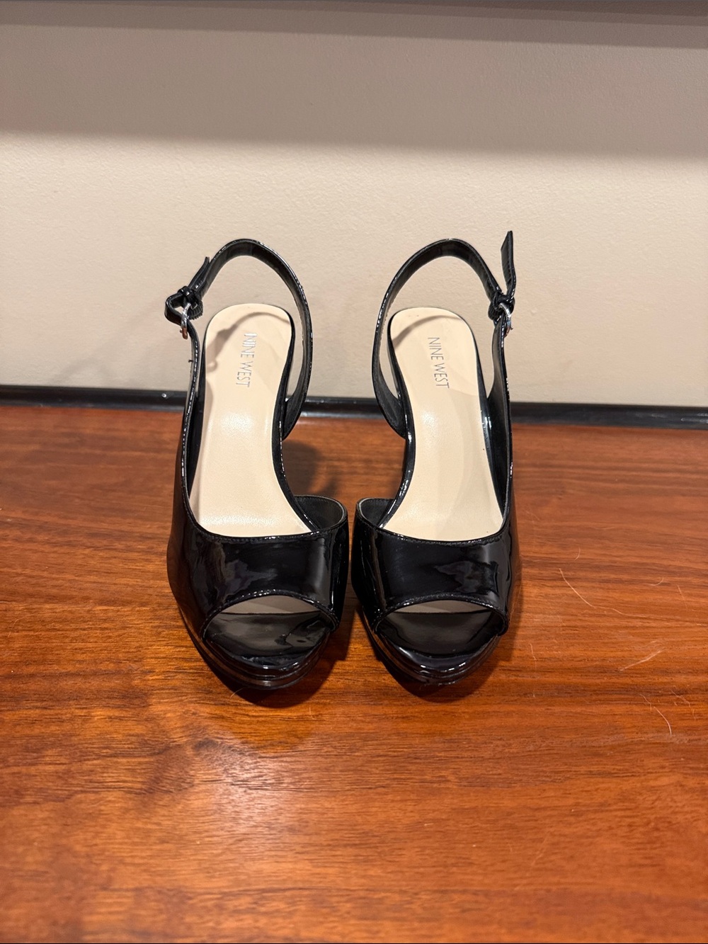 Nine West Black Patent Peep-Toe Slingback Heels - Size 7.5
